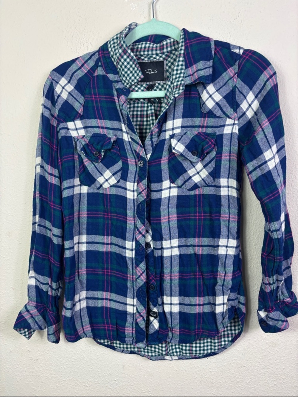 Rails Hunter Blue Pink Green Plaid Flannel Button Down Shirt size‎ small